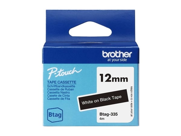 Brother BTAG-335, valkoinen mustalla, Brother, P-touch PT-N10, PT-N20, PT-N25BT, 1,2 cm, 4 m, 45 mm
