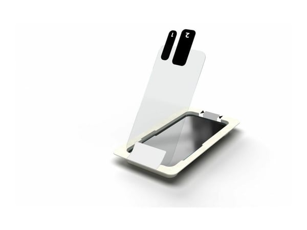 eSTUFF Titan Shield - Skjermbeskyttelse for mobiltelefon - clear, with mounting frame - glass - gjennomsiktig - for Apple iPhone 13 Pro, 14 Plus