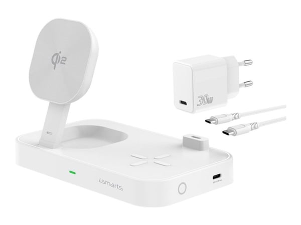 4smarts Trident - Trådløst ladestativ - Qi2 + AC-strømadapter - 25 watt - 1 A - 2 utgangskontakter (USB-C) - hvit