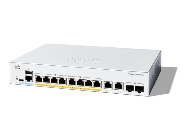 Cisco Catalyst 1300-8P-E-2G - Switch - L3 - Styrt - 8 x 10/100/1000 (PoE+) + 2 x kombo Gigabit SFP/RJ-45 - rackmonterbar - PoE+ (60 W)