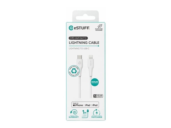 eSTUFF INFINITE Super Soft, 1 m, Lightning, USB C, Uros, Uros, Valkoinen