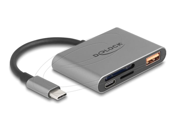 Delock USB-C-kortläsare för SD- och Micro SD-minneskort + USB 10 Gbps Typ-A-port och USB Typ-C PD 2.0 85 W