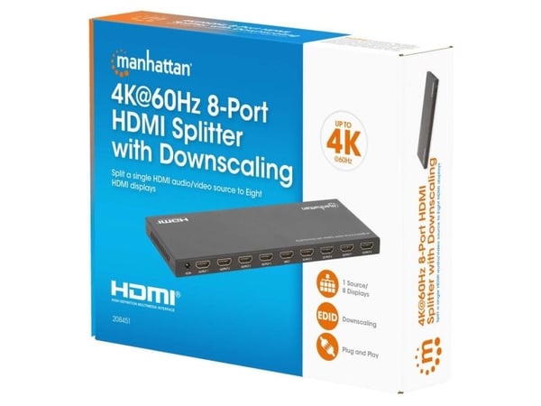 Manhattan 208451, HDMI, 8x HDMI, 3840 x 2160 piksler, Svart, Metall, Gummi, 4K Ultra HD