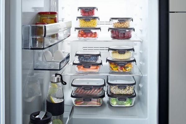 GEFU MILO, Beholder, Rektangulær, 1 l, Grå, Gjennomsiktig, Borosilikatglass, Plast, Silikon, Rustfritt stål, Frukt