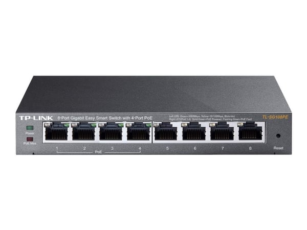 TP-Link Easy Smart TL-SG108PE - V2 - switch - smart - 4 x 10/100/1000 (PoE) + 4 x 10/100/1000 - skrivbordsmodell - PoE (55 W)
