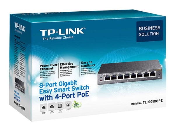 TP-Link Easy Smart TL-SG108PE - V2 - switch - smart - 4 x 10/100/1000 (PoE) + 4 x 10/100/1000 - skrivbordsmodell - PoE (55 W)