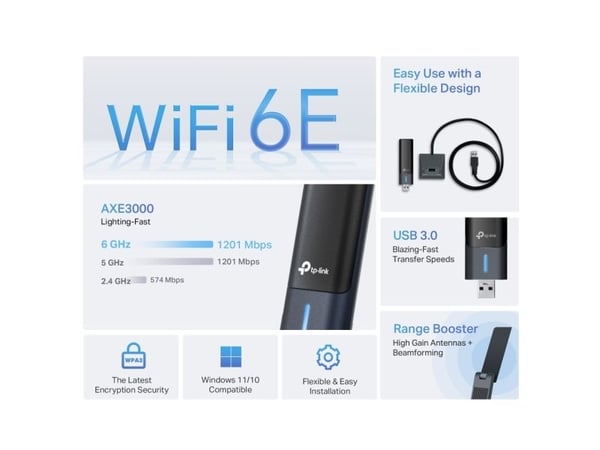 TP-Link Archer TXE50UH, Trådløs, USB, WLAN, Wi-Fi 6 (802.11ax), 3000 Mbit/s, Sort