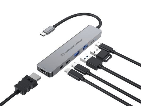 Conceptronic DONN33G, johdollinen, USB 3.2 Gen 1 (3.1 Gen 1) Type-C, 100 W, hopea, 5 Gbit/sek, 4K Ultra HD