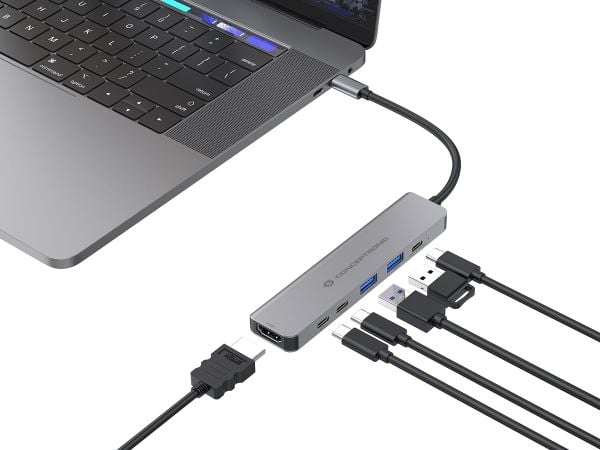 Conceptronic DONN33G, johdollinen, USB 3.2 Gen 1 (3.1 Gen 1) Type-C, 100 W, hopea, 5 Gbit/sek, 4K Ultra HD
