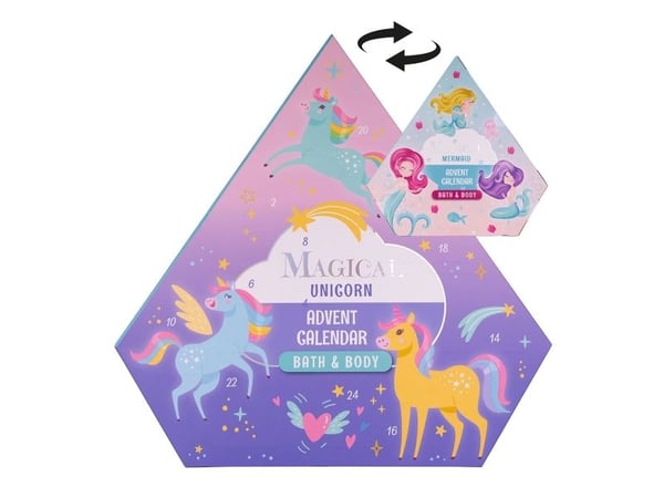 Accentra Kalender MAGISK UNIKORN &amp; MERMAID diamantform, 24 kosmetiske overraskelser