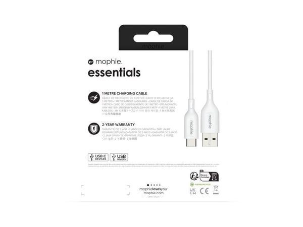 mophie essentials charging cables | 1M, 1 m, USB A, USB C, USB 2.0, Hvit