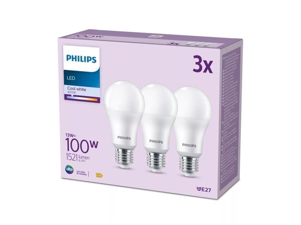 Philips - LED-lyspære - form: A67 - mattslipt finish - E27 - 13 W (ekvivalent 100 W) - klasse E - kjølilg hvitt lys - 4000 K (en pakke 3)