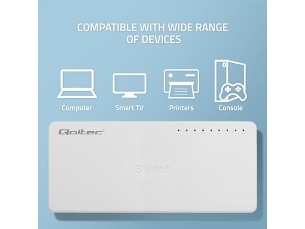 QoltecSWITCH Nettverkssvitsj8 x RJ45-port | 1000 Mbps | Rask Ethernet | LAN