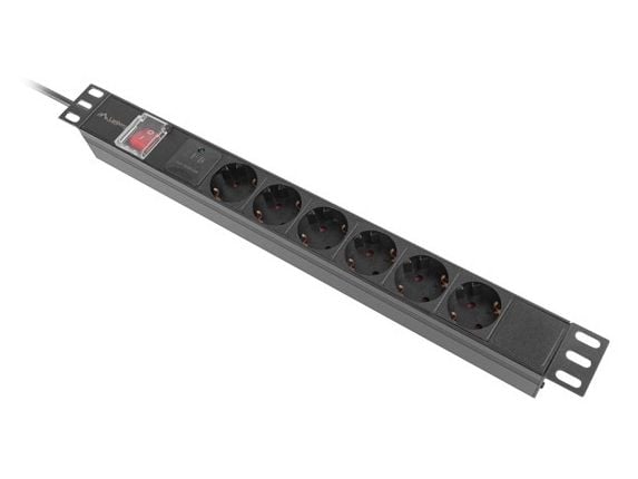 Lanberg PDU-06F-0200-IEC-BK, 1U, Alumiini, musta, 6 AC-pistorasia(a), Tyyppi F, C14 liitin