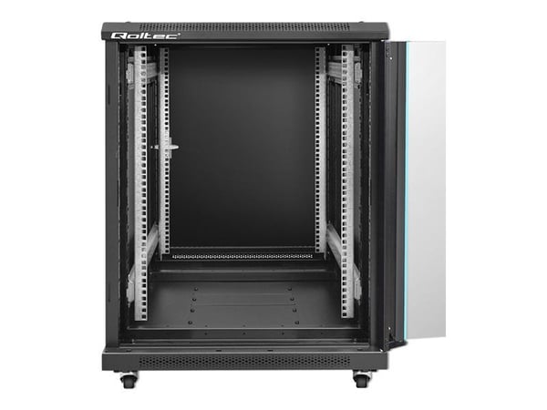 Qoltec - Rack skap - 600 x 855 x 600, perforated doors, feet + casters, steel case, lock - fritt stående - svart - 15U - 19"