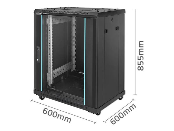 Qoltec - Rack skåp - 600 x 855 x 600, tempered glass door, feet + casters, steel case, lock - fristående - svart - 15U - 19"