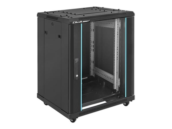 Qoltec - Rack skap - 600 x 855 x 600, perforated doors, feet + casters, steel case, lock - fritt stående - svart - 15U - 19"