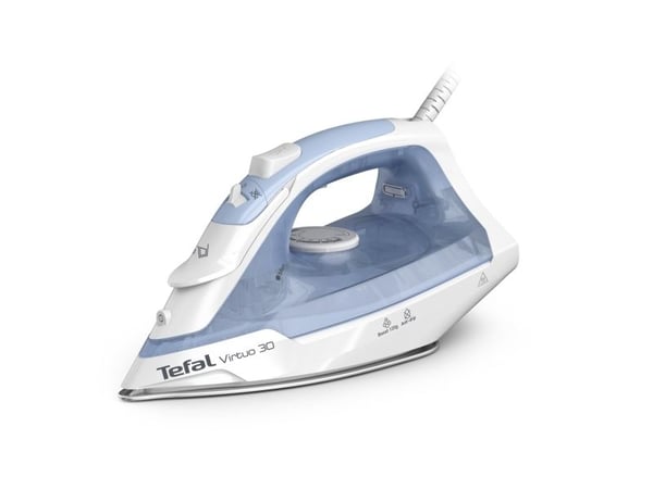 Tefal Virtuo 30 FV2C41E0, Tørr & dampstrykejern, Keramisk strykesåle, 1,9 m, 120 g/min, Blå, Hvit, 27 g/min