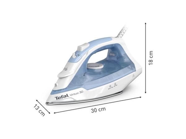 Tefal Virtuo 30 FV2C41E0, Tørr & dampstrykejern, Keramisk strykesåle, 1,9 m, 120 g/min, Blå, Hvit, 27 g/min