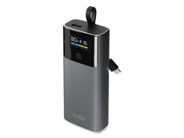 SBS 10000 mAh PD 20W med LCD-skjerm og innebygd USB-C-kabel grå