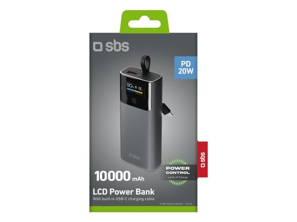 SBS 10000 mAh PD 20W med LCD-skjerm og innebygd USB-C-kabel grå