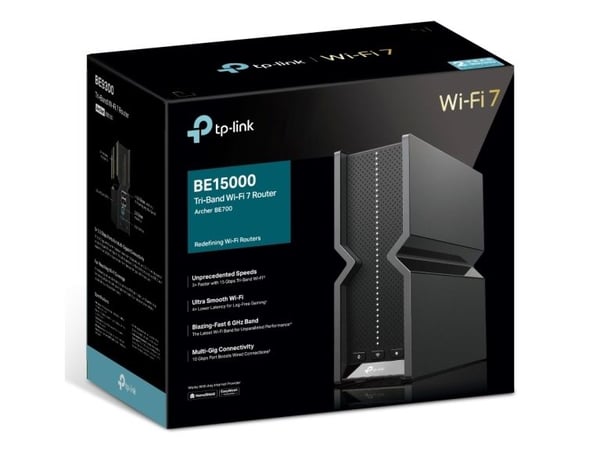 TP-Link Archer BE700, Wi-Fi 7 (802.11be), Tre-båndsfrekvens (2,4 GHz / 5 GHz / 6 GHz), Ethernet/bredbåndsforbindelse, Svart, Frittstående router