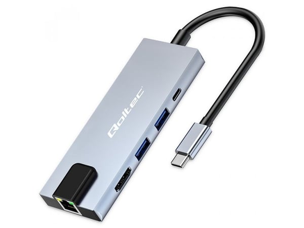 Qoltec-keskussovitin USB-C 5w1 | USB-C PD 100w | 2xUSB | HDMI 4k | RJ45
