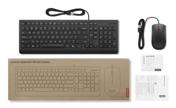 Lenovo Essential Wired Combo - Tastatur- og mussett - 2,5-soners oppsett - USB - QWERTY - amerikansk engelsk - svart - brun boks