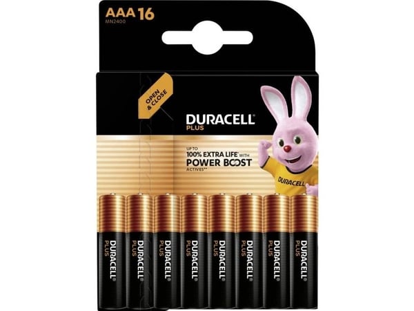 Duracell Plus, Engangsbatteri, AAA, Alkalinsk, 1,5 V, 16 stykker, Svart, Gull