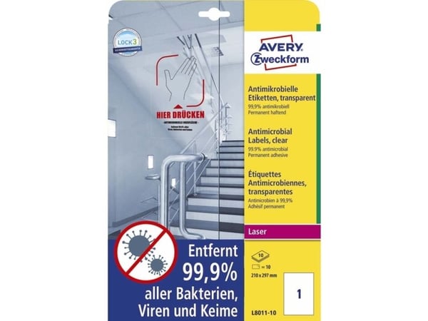 Avery L8011-10, Läpinäkyvä, A4, Polyesteri, Kiinteä, Suorakulmio, 70 g/m²