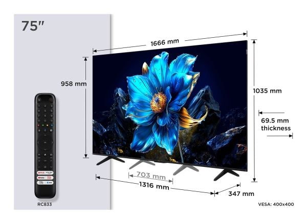 TCL 75P79K - 75" Diagonalklasse (74.5" synlig) - P79K Series LED-bakgrunnsbelyst LCD TV - QLED - Smart TV - Google TV - 4K UHD (2160p) 3840 x 2160 ...