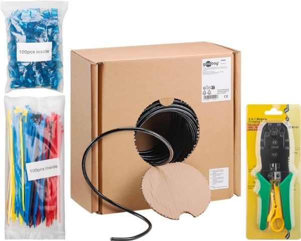 Goobay CAT 6 utendørs nettverkskabelsett, U/UTP, svart, 100 m - kobbermateriale, AWG 24/1 (solid), PE (55440)