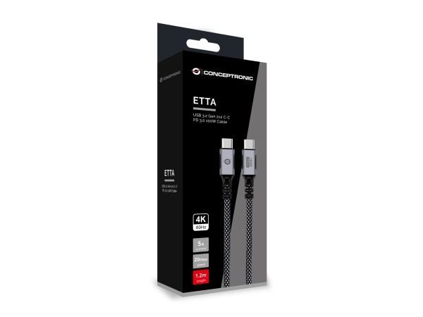 Conceptronic ETTA07B12, 1,2 m, USB C, USB C, USB 3.2 Gen 2x2, 20 Gbit/s, Sort