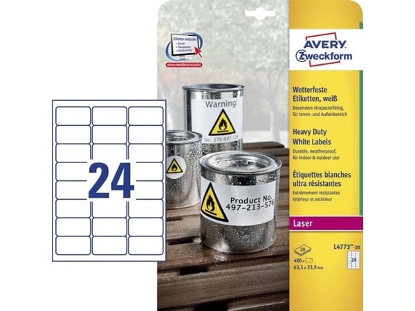 Avery Heavy Duty Laser Labels - Polyester - 63.5 x 33.9 mm 480 etikett(er) (20 ark x 24) merkelapper