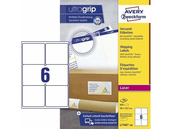 Shippingetiket Avery Zweckform QuickPEEL™ L7166-100 hvid 99,1x93,1 mm - (100 ark x 6 stk.)