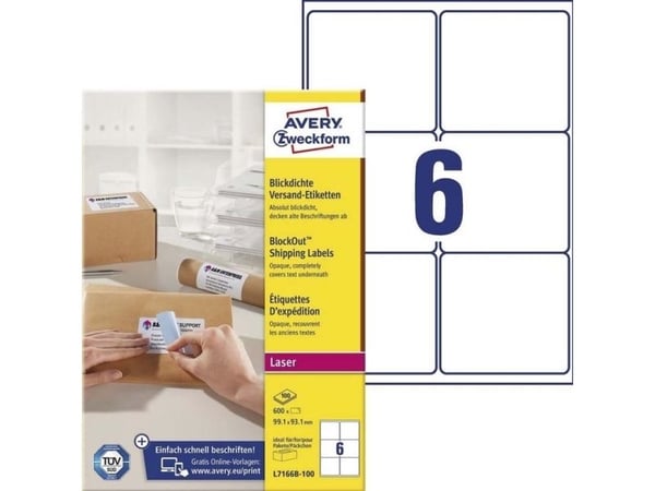 Shippingetiketter Avery 99,1x93,1 mm hvid med BlockOut™ - (100 ark x 6 stk.)