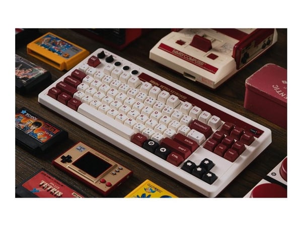 8Bitdo Retro 108, Täysikokoinen (100 %), Langallinen & langaton, USB + RF Wireless + Bluetooth, Mekaaninen, Burgundi, Valkoinen