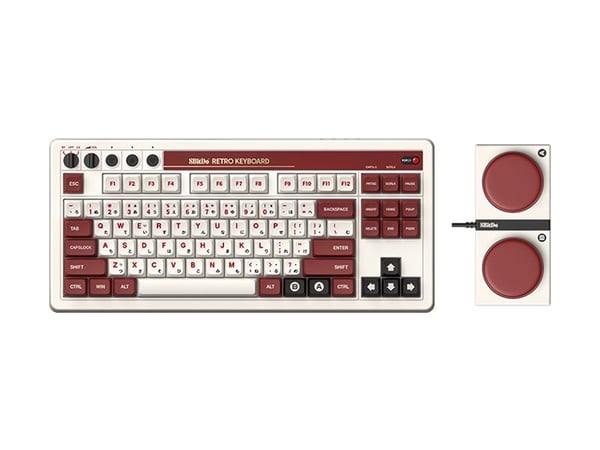 8Bitdo Retro 108, Täysikokoinen (100 %), Langallinen & langaton, USB + RF Wireless + Bluetooth, Mekaaninen, Burgundi, Valkoinen