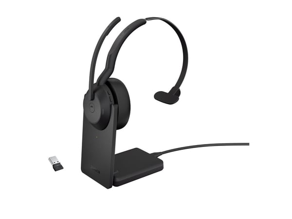Jabra Evolve2 55 MS Mono - Hodesett - on-ear - Bluetooth - trådløs - aktiv støydemping - USB-A via Bluetooth-adapter - svart - med ladestativ - Zoo...