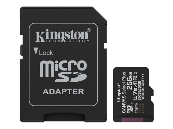 Kingston Canvas Select Plus - Flashminnekort (SD-adapter inkludert) - 256 GB - A1 / Video Class V10 / UHS-I U1 / Class10 - microSDXC UHS-I