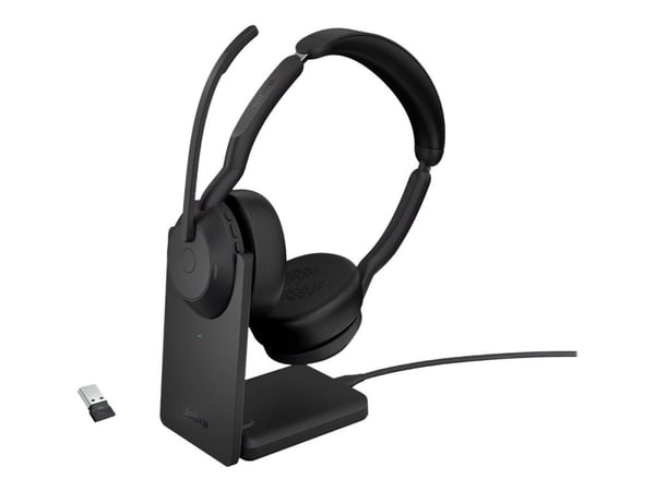 Jabra Evolve2 55 UC Stereo - Headset - på øret - Bluetooth - trådløs - aktiv støjfjerning - USB-A - sort - med opladningsstander - Zoom Certified, ...