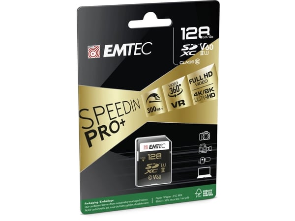 Emtec SpeedIN PRO+, 128 GB, SDXC, Klasse 10, UHS-II, 300 MB/s, 110 MB/s