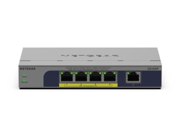 NETGEAR GS105P - Switch - ikke-styrt - 1 x 10/100/1000 + 4 x 10/100/1000 (PoE+) - stasjonær, veggmonterbar - PoE+ (63 W)