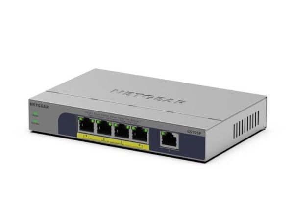 NETGEAR GS105P - Switch - ikke-styrt - 1 x 10/100/1000 + 4 x 10/100/1000 (PoE+) - stasjonær, veggmonterbar - PoE+ (63 W)
