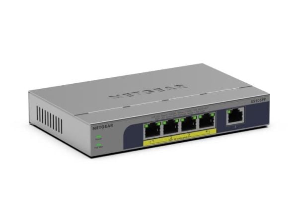NETGEAR GS105PP - Switch - ikke-styrt - 1 x 10/100/1000 + 4 x 10/100/1000 (PoE+) - stasjonær, veggmonterbar - PoE+ (83 W)