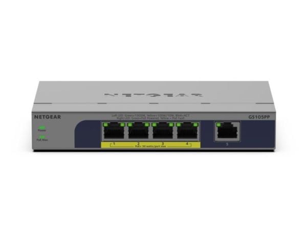 NETGEAR GS105PP - Switch - ikke-styrt - 1 x 10/100/1000 + 4 x 10/100/1000 (PoE+) - stasjonær, veggmonterbar - PoE+ (83 W)