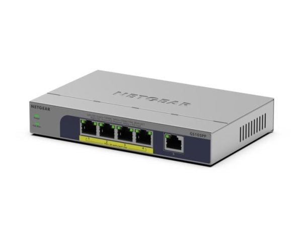 NETGEAR GS105PP - Switch - ikke-styrt - 1 x 10/100/1000 + 4 x 10/100/1000 (PoE+) - stasjonær, veggmonterbar - PoE+ (83 W)