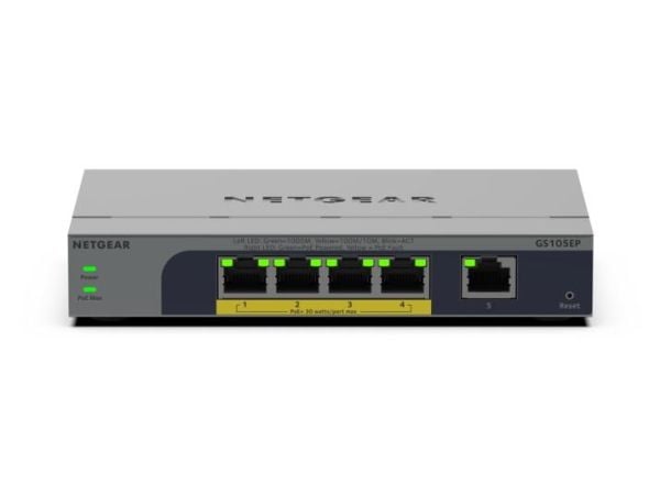 NETGEAR GS105EP, Hallitsematon, Gigabit Ethernet (10/100/1000), Täysin kaksipuolinen, Power over Ethernet -tuki