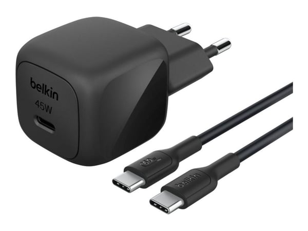 Belkin BoostCharge - Strømadapter - kompakt - 45 watt - Power Delivery 3.1, Fast Charge (USB-C) - på kabel: USB-C - med USB-C-kabel (1m)
