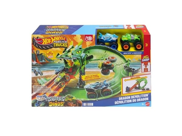 Hot Wheels Monster Trucks Sharks vs. Dinos Dragon Destruction-lekesett og to lekebiler, Monstertruck og banesett, 4 år, Plast, Flerfarget